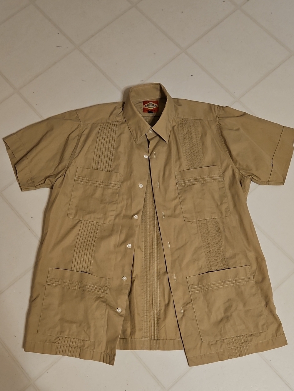 San Cristobal Guayabera Men's Beige Short Sleeve Cuban Shirt